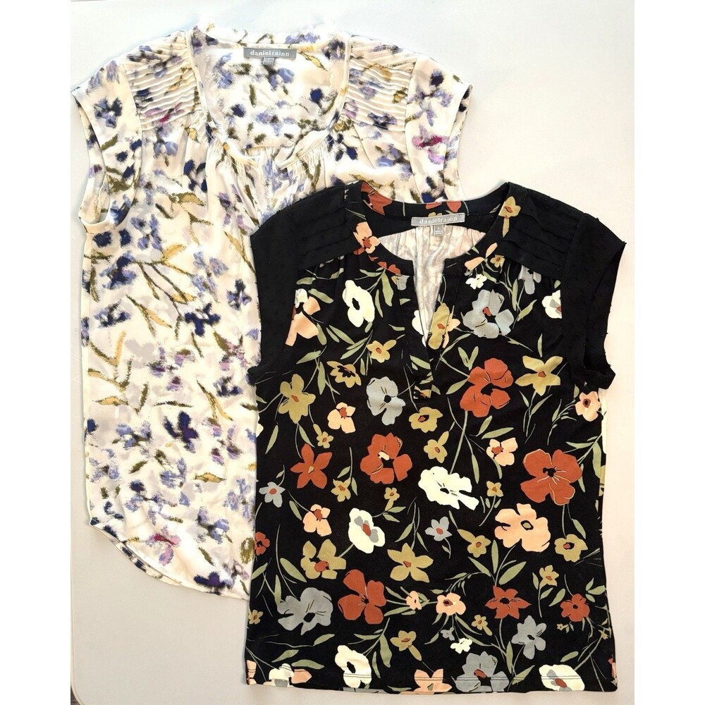 2 Daniel Rainn Cap Sleeve Tank Blouse Sz S Black White Floral Capsule Boho